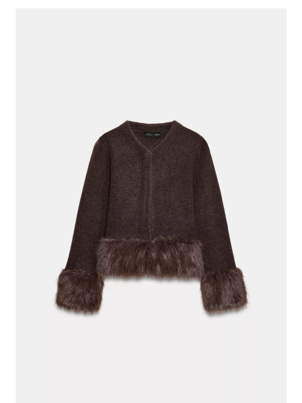 Zara Chocolate Brown Teddy Jacket with Faux Fur Trim
